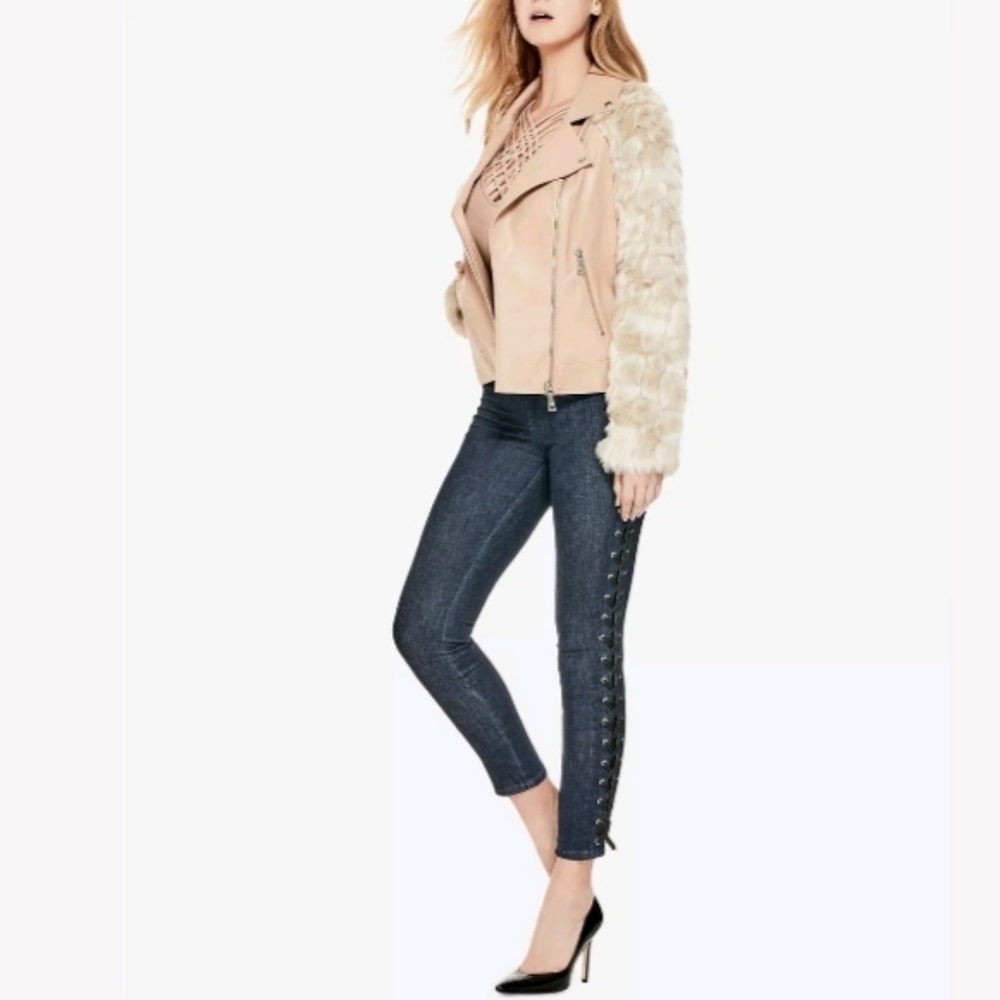 GUESS MARCO FAUX LEATHER & FUR MOTO JACKET SZ S - Picture 2 of 6